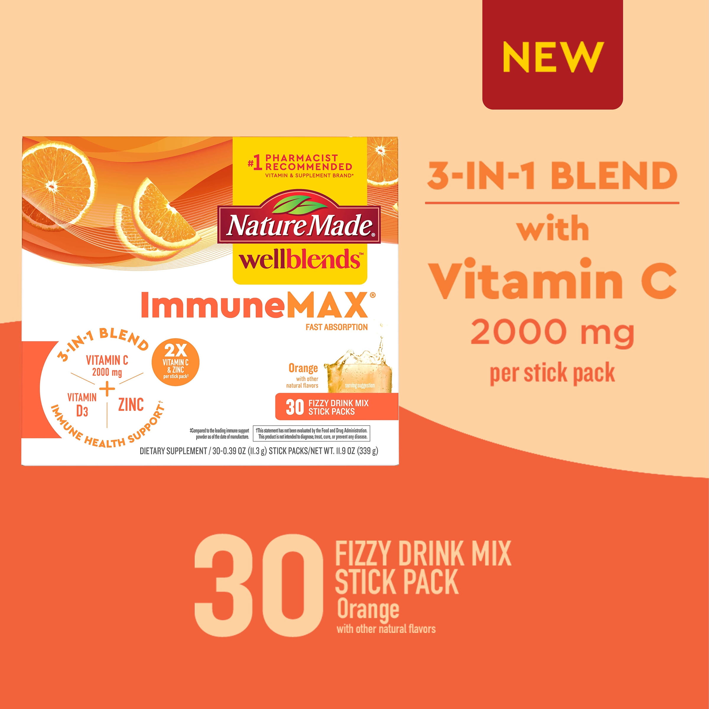Nature Made Wellblends ImmuneMAX Fizzy Drink Mix, Immune Support Supplement, 30 Count