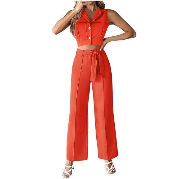 Ohufall Summer 2 Piece Outfits for Women Sleeveless Matching Sets Button Down Lapel Vest with High Wasit Wide Leg Pants