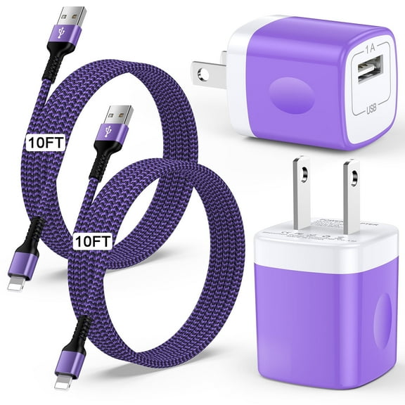 Compatible for iPhone Charger Block, 2 Pack Wall Charger Adapter with 10FT Charging Cable, Power Adapter Plug USB Brick Cube Charging Block Fast Charger Station Compatible for iPhone, Purple