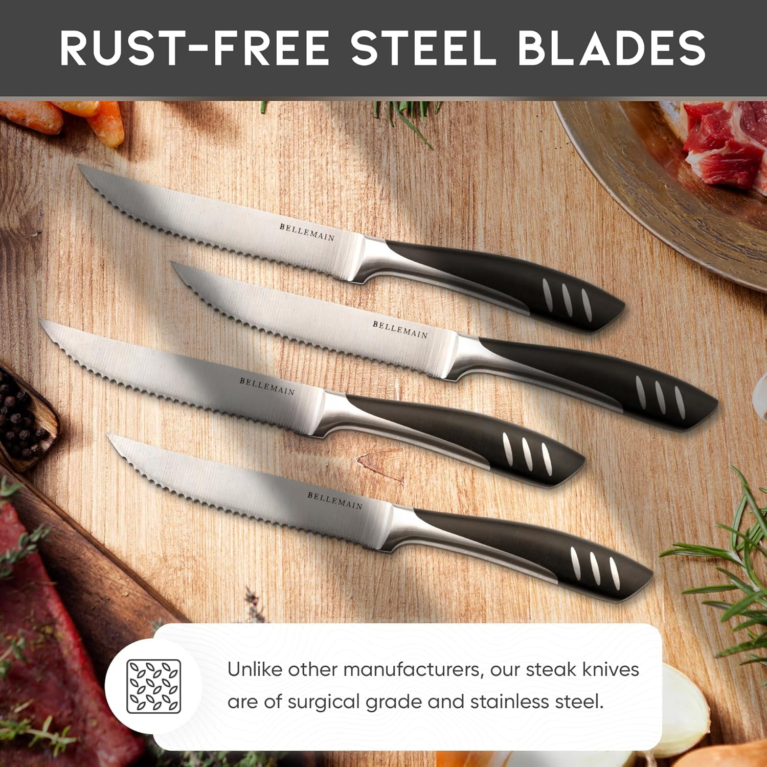 Bellemain Set of 4 Premium Steak Knives Set for Kitchen, Kitchen Knife Set with Steel Blades