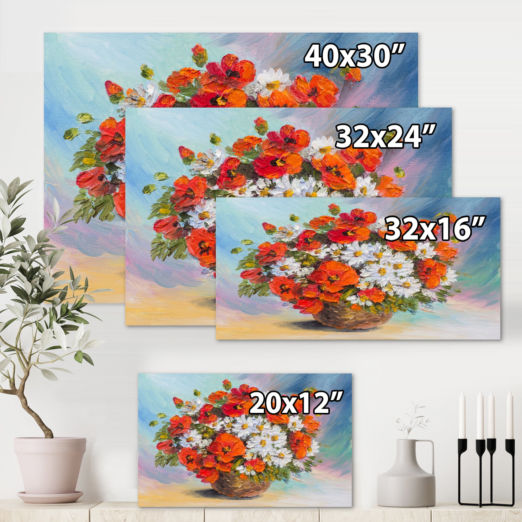 Designart ' Still Life Bouquet Of Daisies and Poppies ' Traditional Canvas Wall Art Print