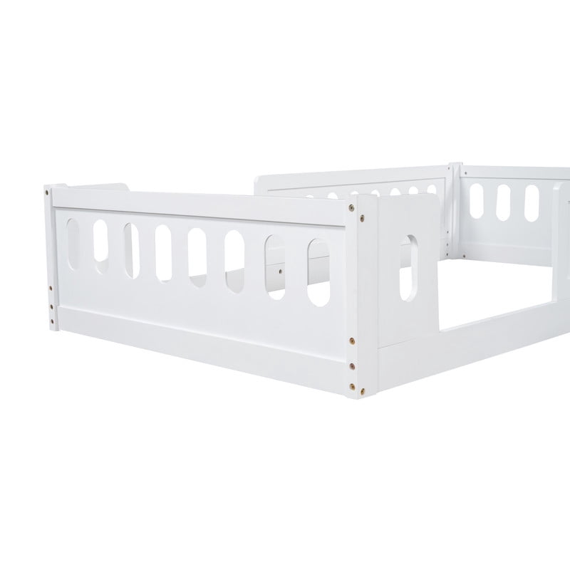 Twin Size Low Profile Platform Bed with Guardrails, Wooden Montessori Kids Floor Bed without Support Slat
