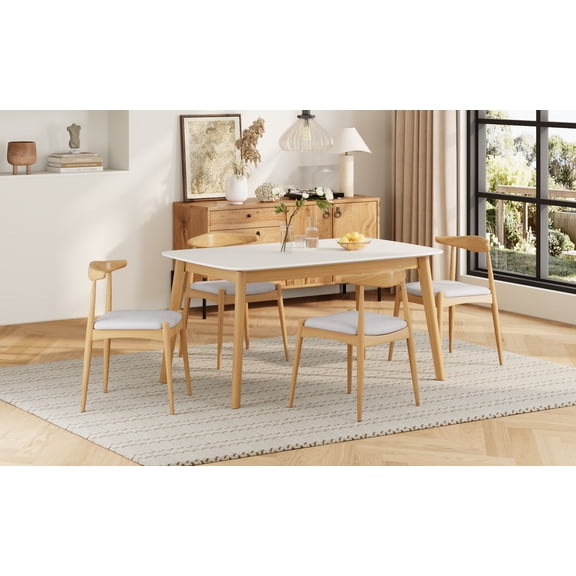 LifeSky 4-Seater Dining Set for Small Spaces: 59" Table 4 Chairs - 300-lb Chair & 250-lb Table Support - Mid-Century Modern Solid Wood Frame & Beige Upholstery