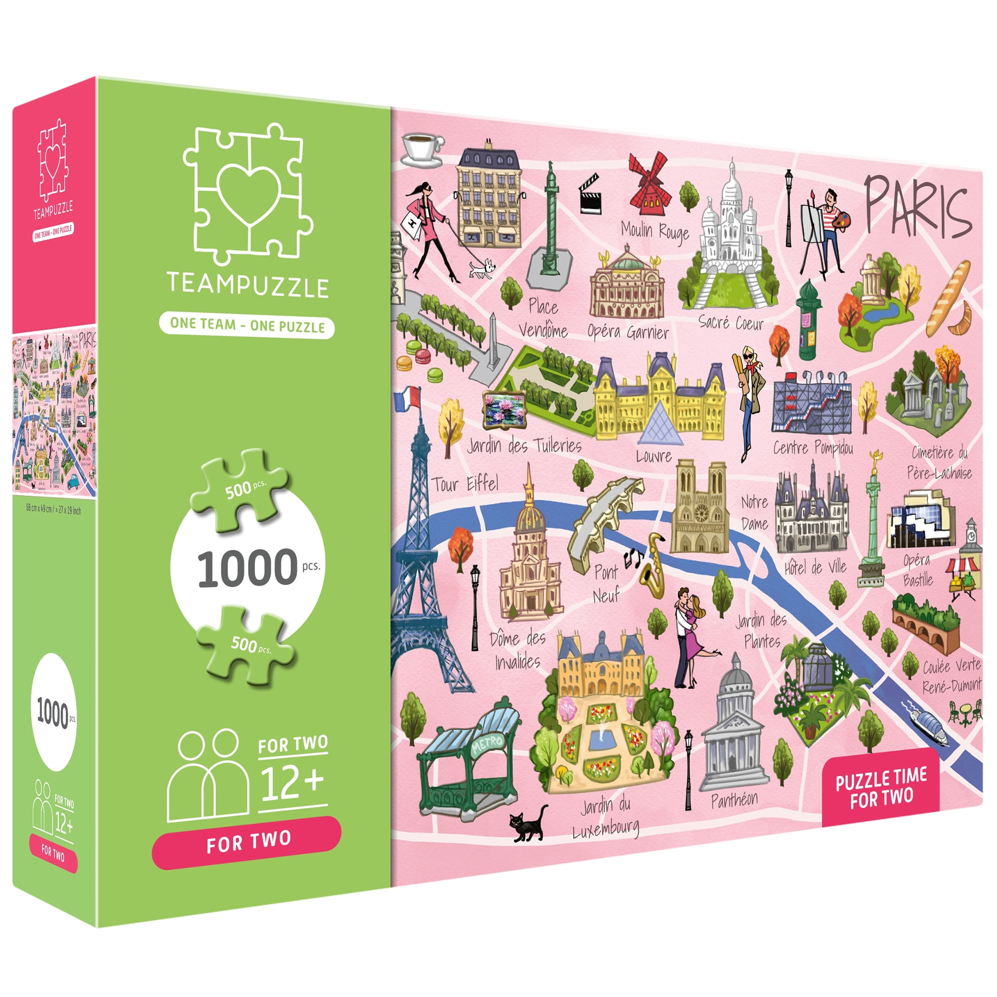 TEAMPUZZLE: Paris - 1,000pc Puzzle, 2 Jigsaw Sections, Illustrated City Destinations Map, 27 x 19", Includes Code Extras, Family & Friends 12+