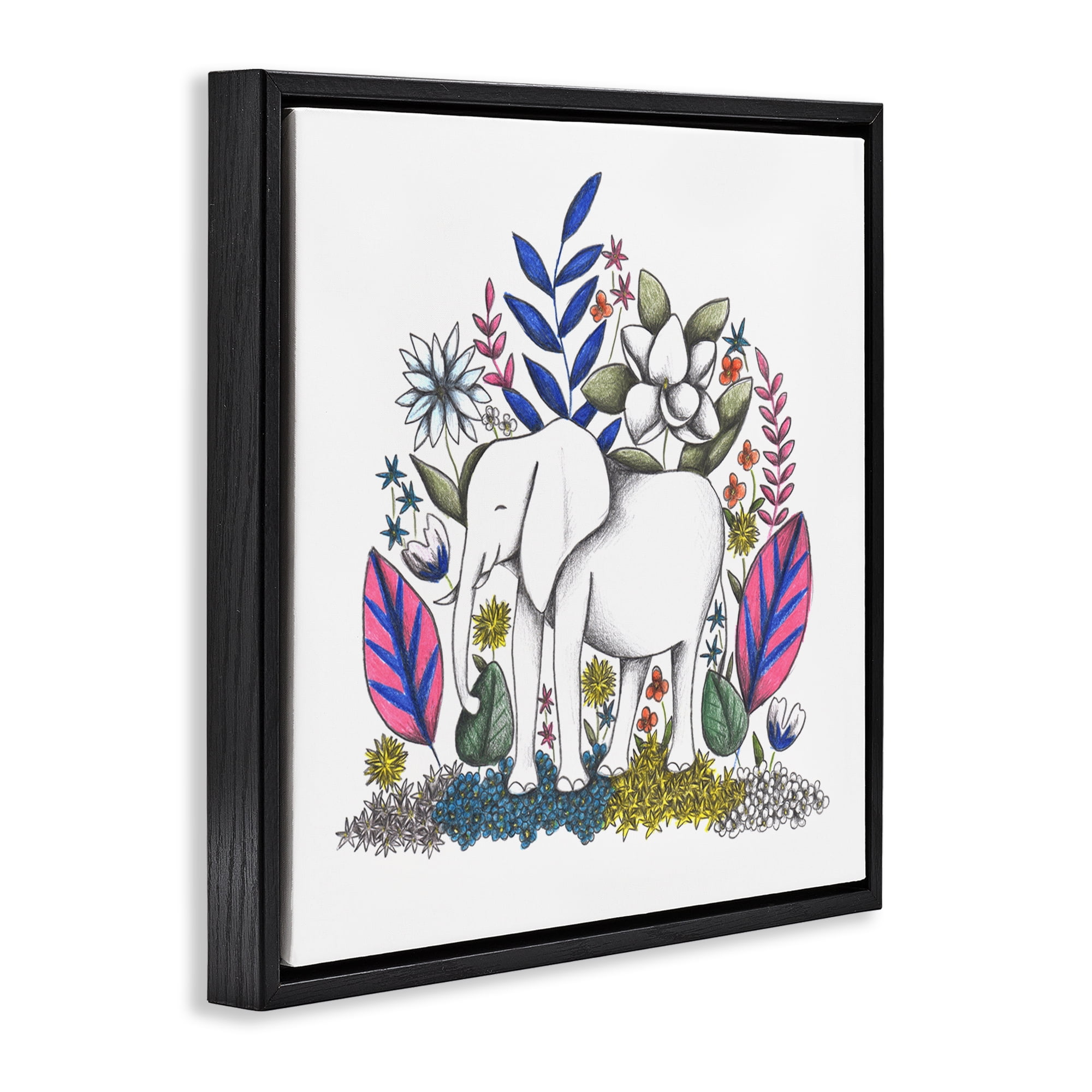 Elephant in Midst of Flowers Black Framed Floater Canvas Wall Art, design by Cecilia Battaini