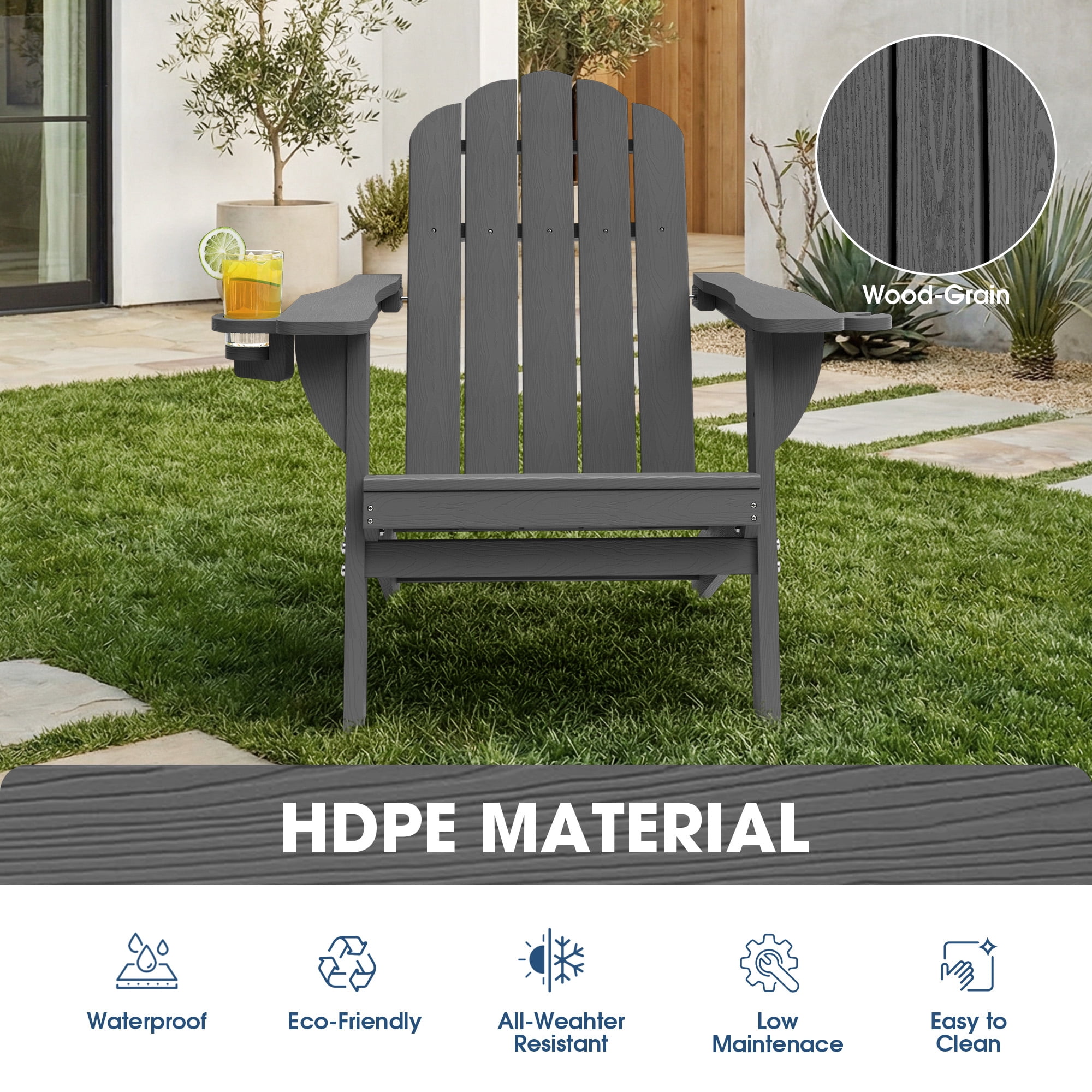 Folding Adirondack Chair, All-Weather HDPE Plastic Patio Fire Pit Chair, Gray