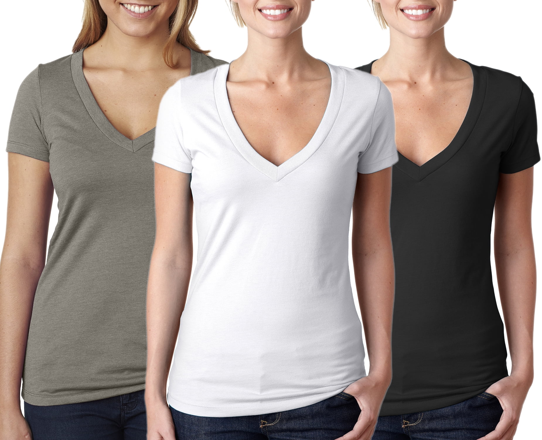 Black/White/Stone Gray Pack of 3 L Clementine Apparel Womens Petite Plus Deep V Neck Tee