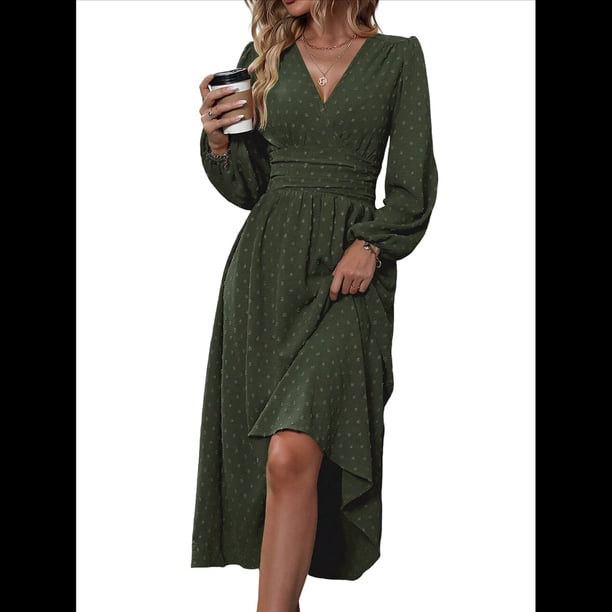 Vestidos Largos Bohemios de Otoño para Mujer, con Cuello en V, Lunares, Cintura Alta, Corte A y Volantes, para Vacaciones. Verde S