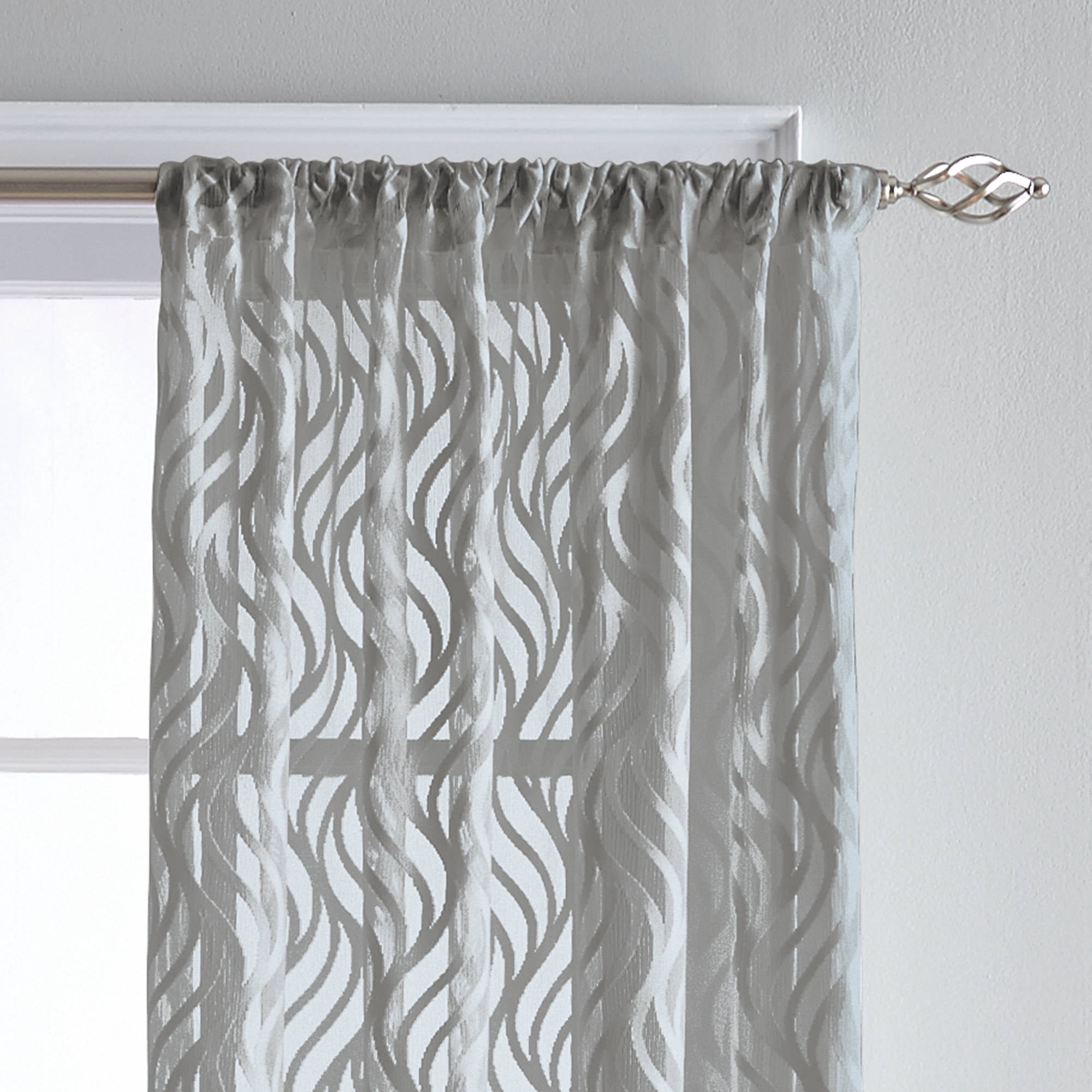 CHF Lyric Rod Pocket Sheer Curtain Panel, Knit Flame Ogee , Gray, Adult