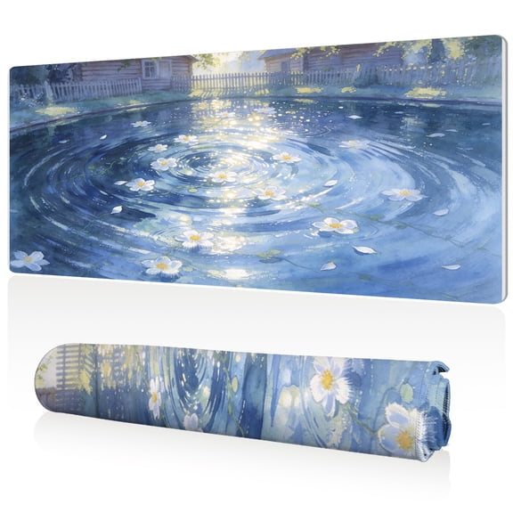 LIVEKEY Extra Large Mouse Pad 80x40x0.3cm Tranquil Pond Design Full Desk Coverage Non Slip Surface Durable Easy Clean Sewn Edges for Gaming and Office