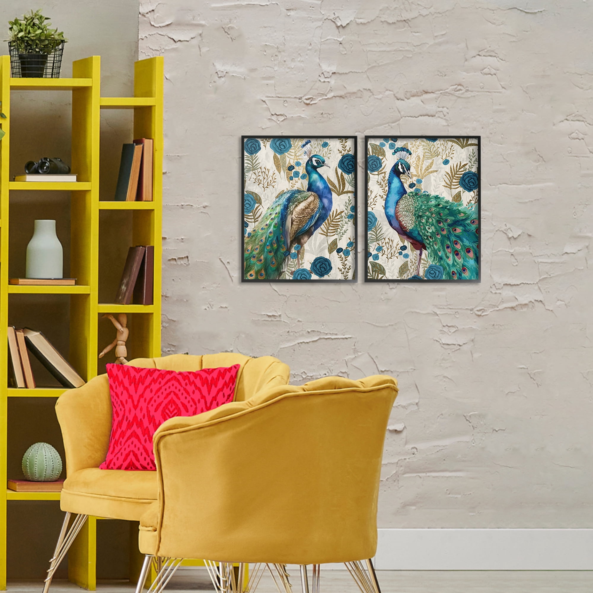 Stupell Industries Floral Peacock Pride 2 Piece Black Framed Giclee Art Set, design by Kim Allen