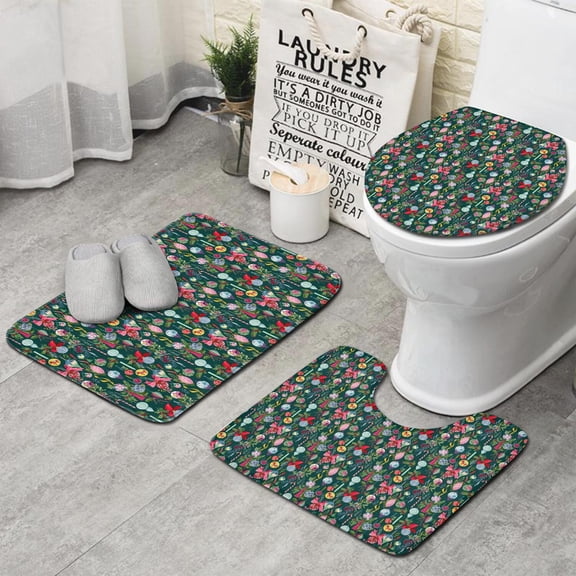 Dark Green Christmas Ornament Pattern Bathroom Rugs Sets 3 Piece,Toilet Cover Set,Absorbent Non Slip Bathroom Mats Sets with U-Shaped Contour Rug Toilet Rug Set