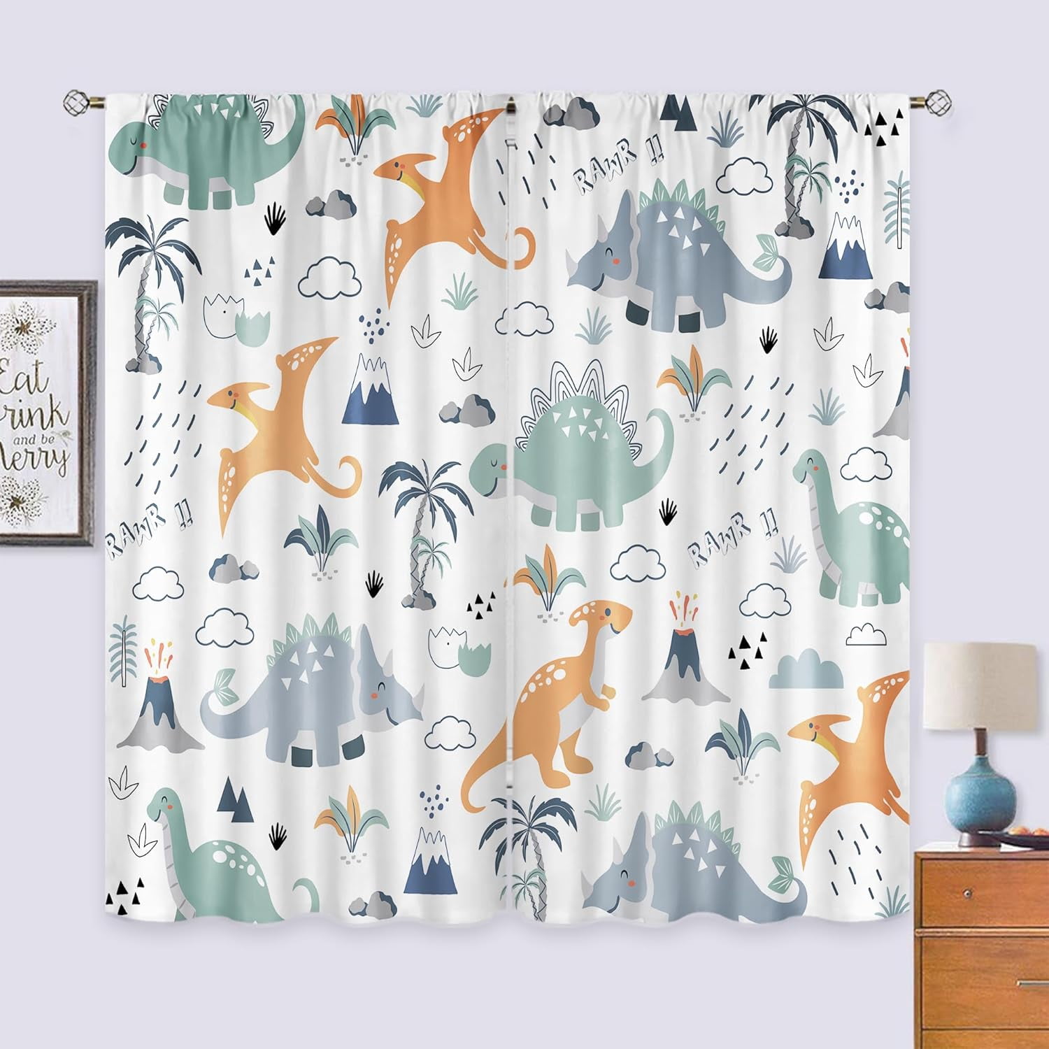 Kids Boys Dinosaur Curtains 42Wx63H Inch Rod Pocket Cartoon Dino Tropical Jungle Safari Animal Nursery Art Printed Cute Volcano Living Room Bedroom Window Drapes Treatment Fabric 2 Panels