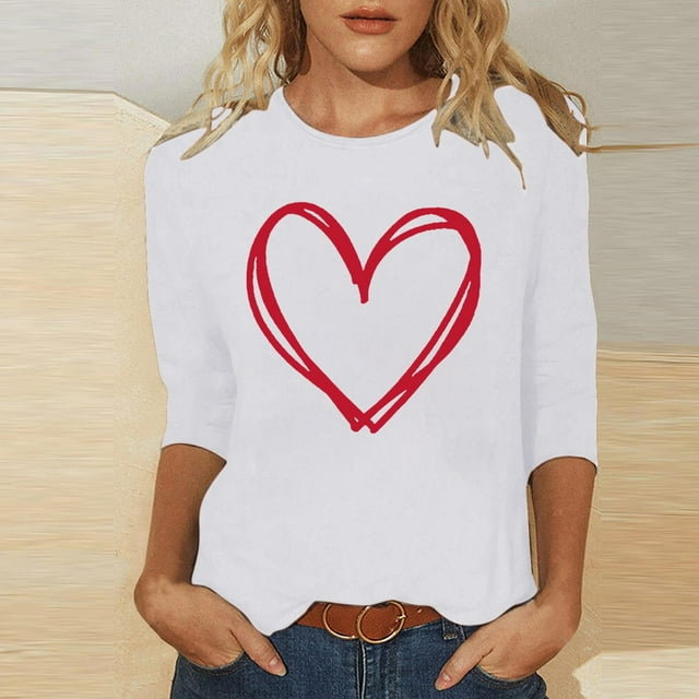 Ailaofu T-Shirts de la Saint-Valentin à Manches 3/4 Col Rond pour Femmes avec Imprimé Cœur Graphique