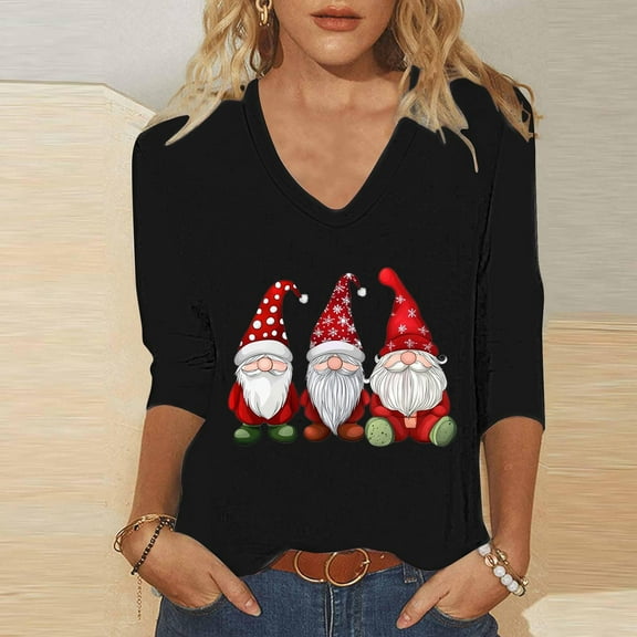 HOMBOM Womens Christmas Shirts Fall Holiday Black Xmas Ugly Christmas 3/4 Sleeve T Shirts for Women
