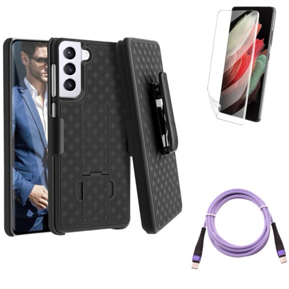 Case Belt Clip w Purple 10ft PD Cable w Matte Screen Protector for Samsung Galaxy S21 Plus - Holster Swivel, Type-C to USB-C Fast Charger Cord, TPU Film Anti-Glare Accessory Bundle