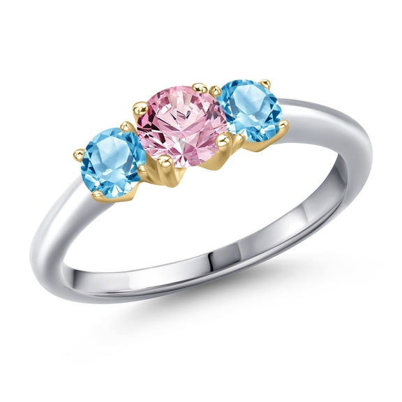 Gem Stone King 925 Silver and 10K Yellow Gold Pink Lab Grown Diamond and Swiss Blue Topaz Engagement Ring for Women | 1.21 Cttw | Round 5MM | Gemstone April Birthstone | Size 8