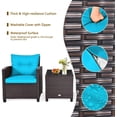 thumbnail image 4 of 3 Piece Patio Furniture Set, Wicker Bistro Conversation Set w/ 2 Cushioned Armchairs & Glass Topped Table, Outdoor Rattan Sofa for Porch Balcony Poolside (Turquoise), 4 of 5
