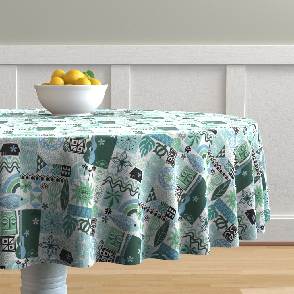 Round Tablecloth Blue And Green Hawaiian Hawaii Tropical Cotton Sateen