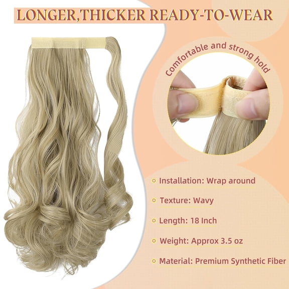 WEIF-18" Ponytail Extension Curly Wavy Clip in Hairpiece Wrap Around Long Pony Tails Hair Extensions Synthetic for Women Light Blonde Mix Bleach Blonde