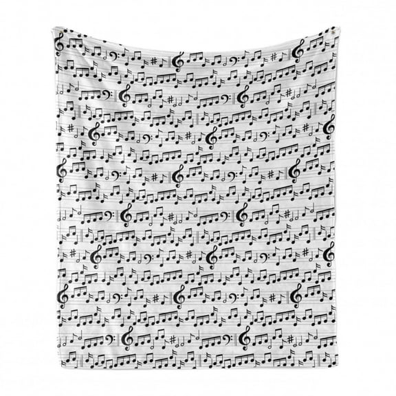 Music Soft Flannel Fleece Throw Blanket, Abstract Style Professional Pattern Notes and Clef Sheet Play Writing Print, Cozy Plush for Indoor and Outdoor Use, 60" x 80", Black White, by Ambesonne