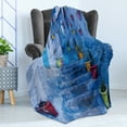 thumbnail image 4 of Blue Soft Flannel Fleece Throw Blanket, Street with Colorful Flower Pots in City of Chefchaouen in Morocco Travel Village, Cozy Plush for Indoor and Outdoor Use, 60" x 80", Multicolor, by Ambesonne, 4 of 5