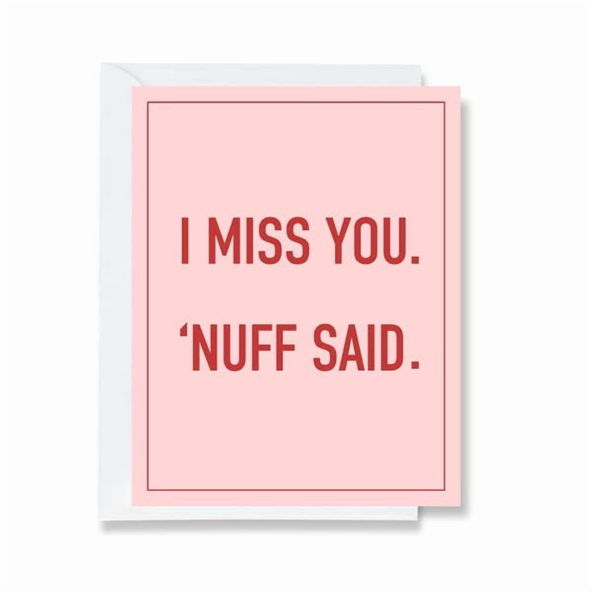 Greeting card saying I miss you, ideal for loved ones. Features pink background and bold red text. Perfect for expressing your feelings.