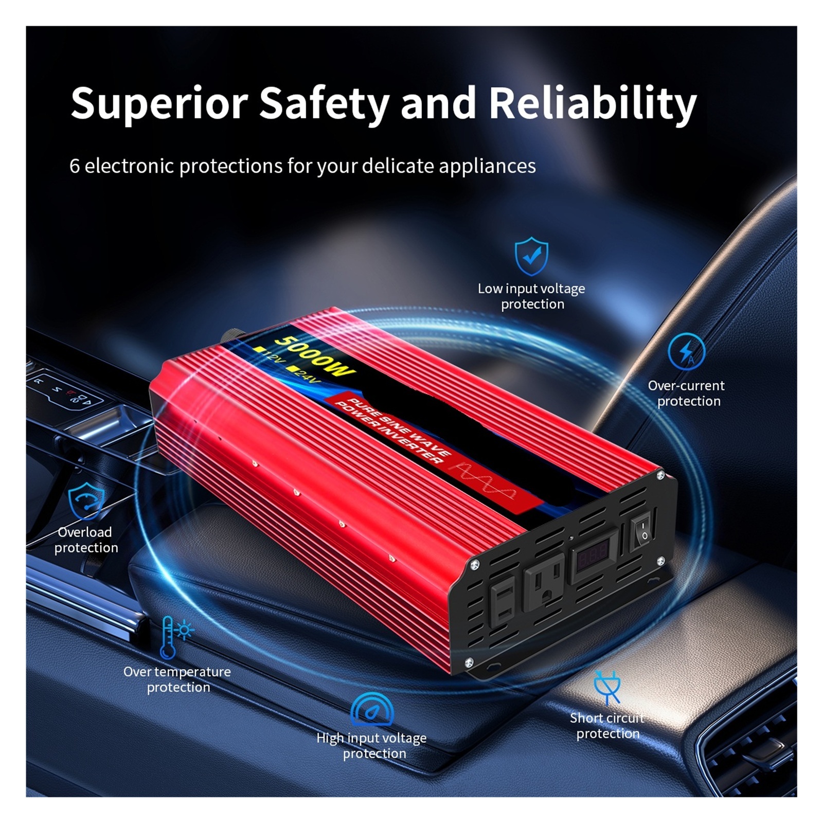 Pure Sine Wave Inverter 6000W Household Portable Digital Display