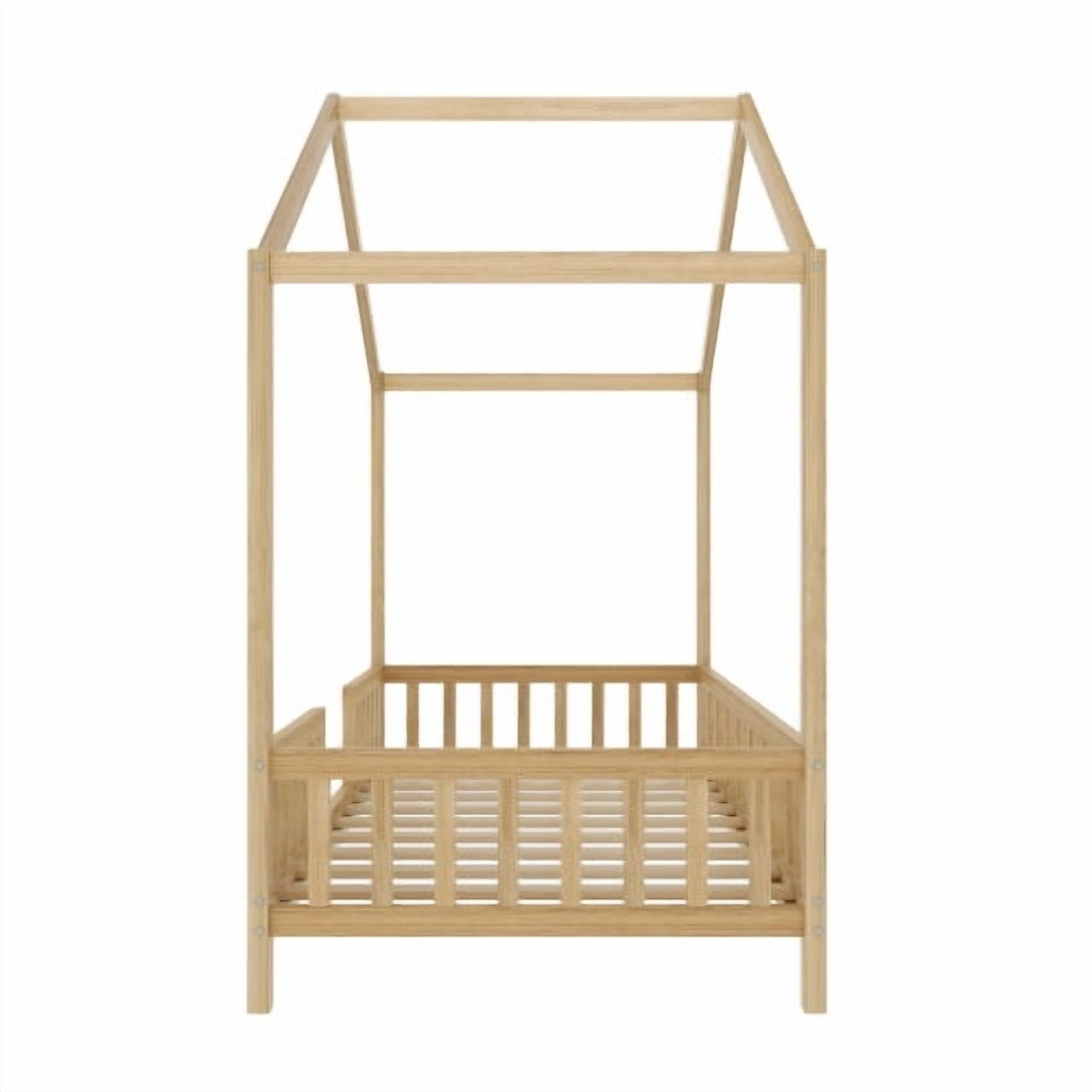Bellemave Twin Size Canopy Bed, Montessori Floor Bed with High Railings, Wooden Twin House Bed with Roof, House Shaped Bed Twin, Natural