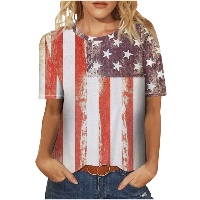 Pompotops Mode Femme Col Rond Décontracté Manches Courtes Imprimé Drapeau Américain T-shirt Blouse