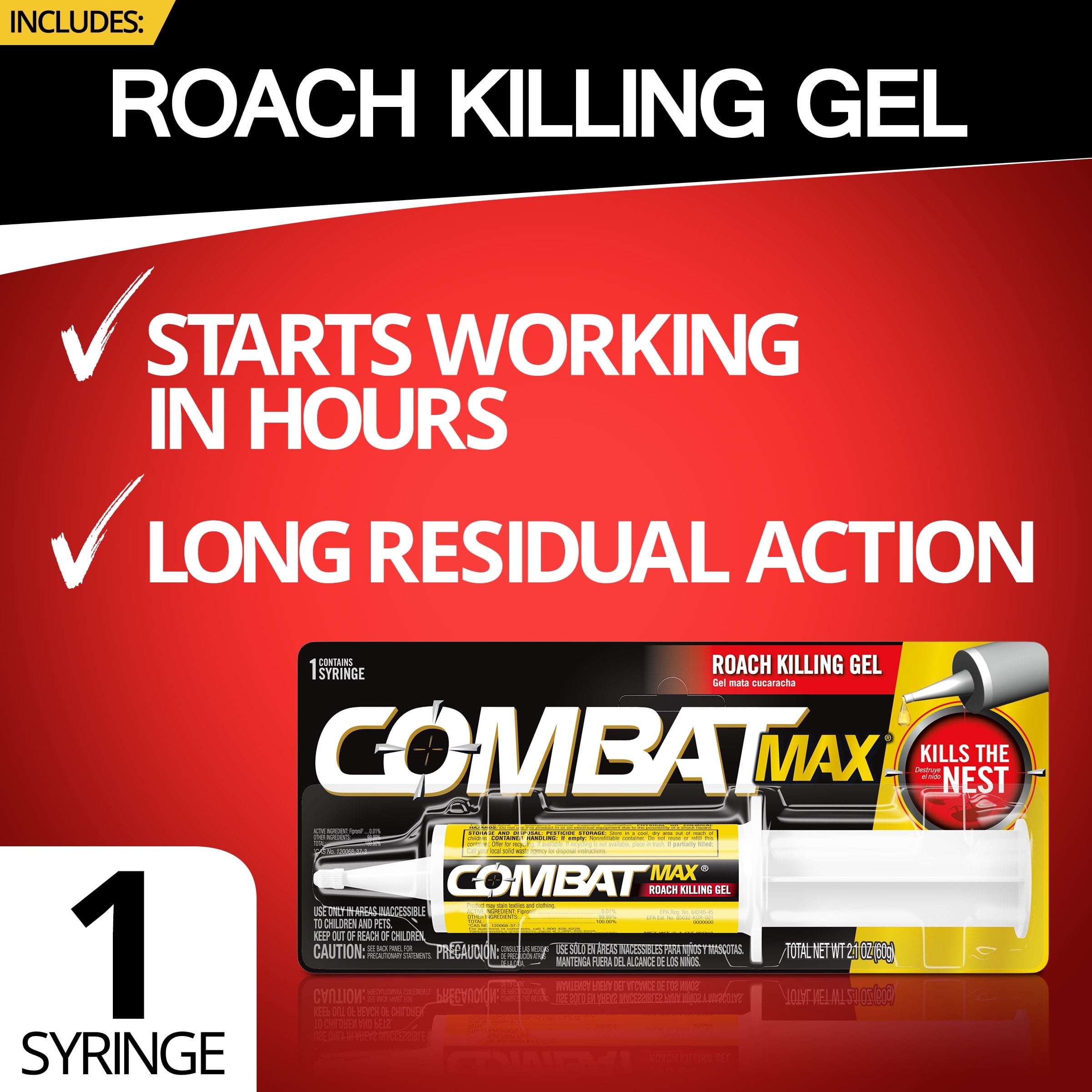 Combat Max Roach Killing Gel for Indoor and Outdoor Use, 1 Syringe, 2.1 Ounces