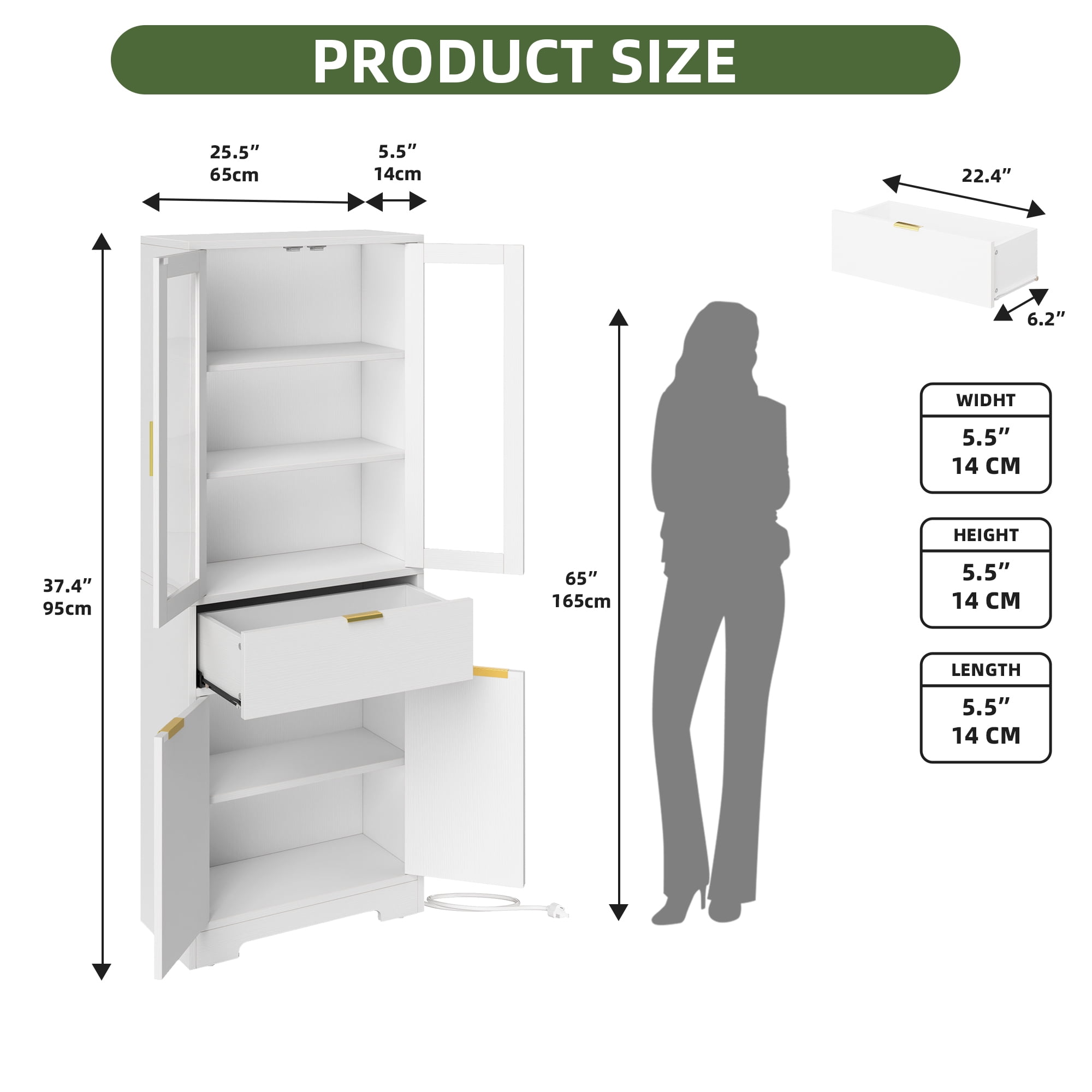 Uforic 65" Bookcase with Drawers & Doors, Tall Storage Cabinet with Adjustable Shelves, Display Bookshelves, White