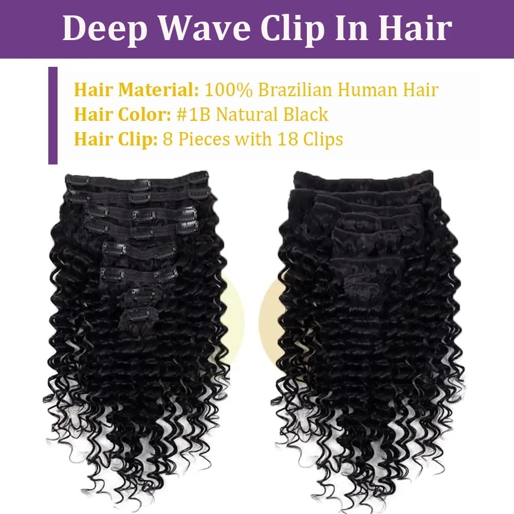 Clip in Hair Extensions with 18 Clips Deep Wave Real Human Hair Curly Thick to Ends Natural Black