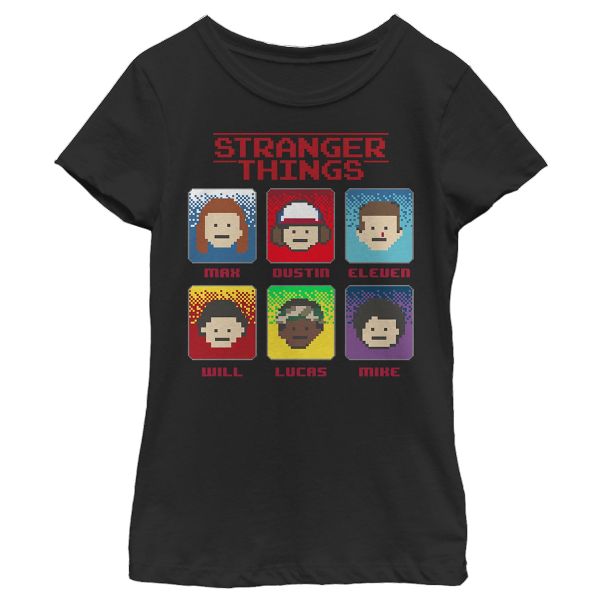 Girl's Stranger Things Group Shot 8-Bit Box Up  Graphic Tee Black Large