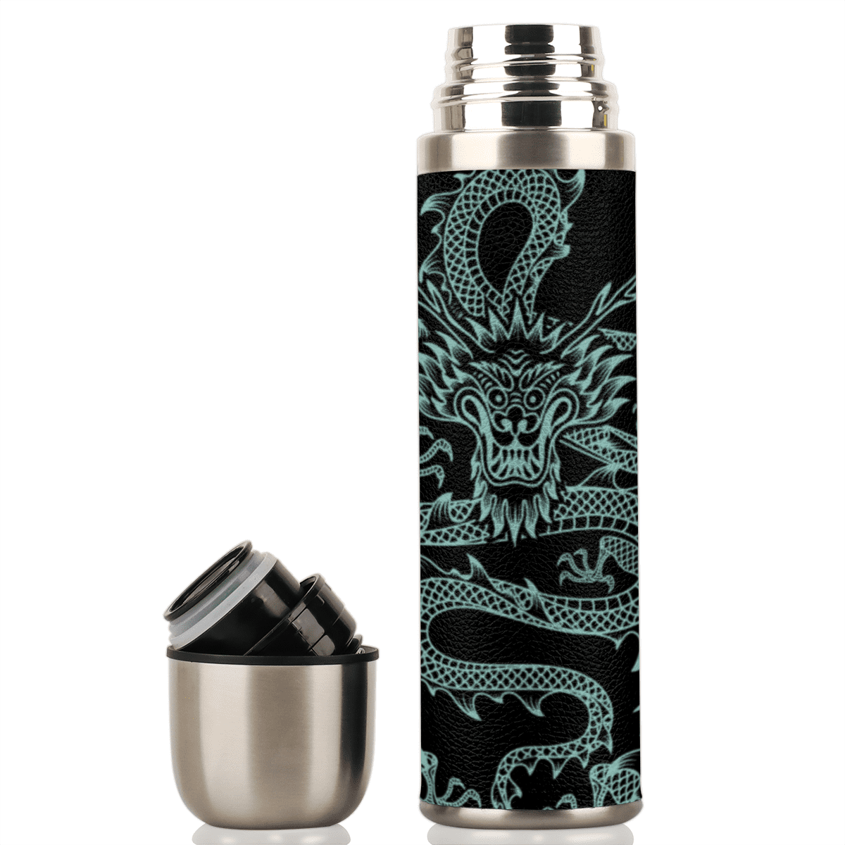Insulated Stainless Steel Water Bottle with Cup Lid , 25oz Vacuum Flask with Double Wall, Leakproof Lid, for Outdoors Gym Office - Dragon Pattern