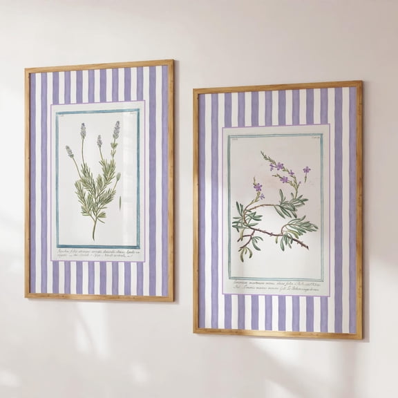 Luvia Lavender Botanical Set Of 2, Vintage Herb, Purple Stripe Floral Decor, French Cottagecore Bundle, Modern Wall Decor Set 2 Prints 8x12 UNFRAMED