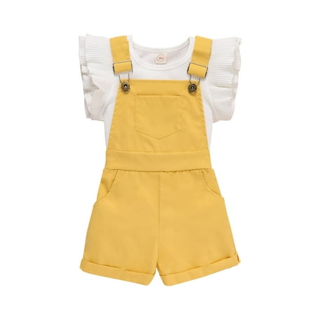 

Toddler Girls Ruffles Fly Sleeve Solid Ribbed T Shirt Tops Overalls Shorts With Pocket Suspender Trousers Outfits