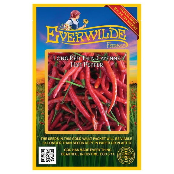 Everwilde Farms - 50 Long Red Thin Cayenne Hot Pepper Seeds - Gold Vault Jumbo Bulk Seed Packet