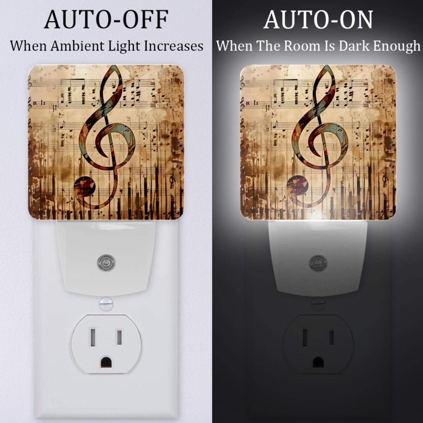 PhooArto Music Note Vintage Print Plug in LED Night Light Auto Sensor Dusk to Dawn Decorative Night for Bedroom, Bathroom, Kitchen, Hallway, Stairs, Baby's Room, Energy Saving