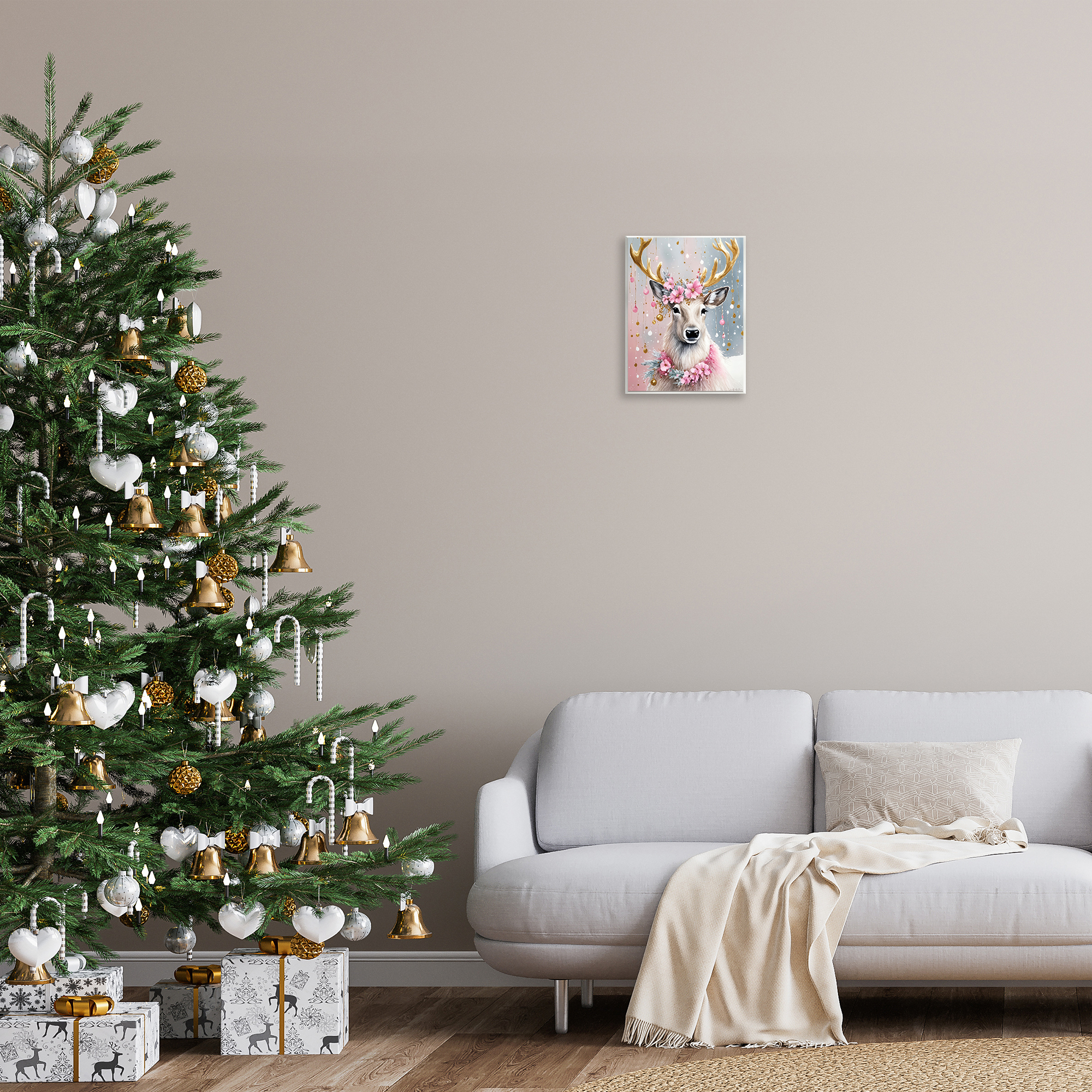 Stupell Industries Pink Floral Festive Reindeer Holiday Painting Unframed Art Prints Wall Art, 11 x 14