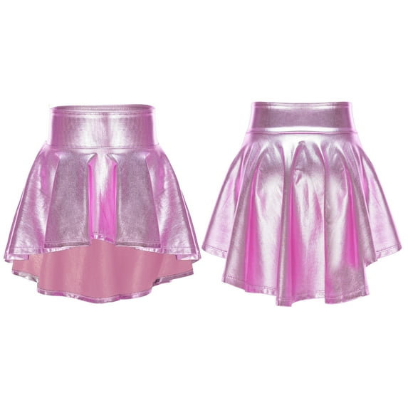 Aislor Kids Girls Fashion High Waist Solid Color Bronzing High-Low Ruffle Hem Skirt Jazz Hip Hop Dancewear