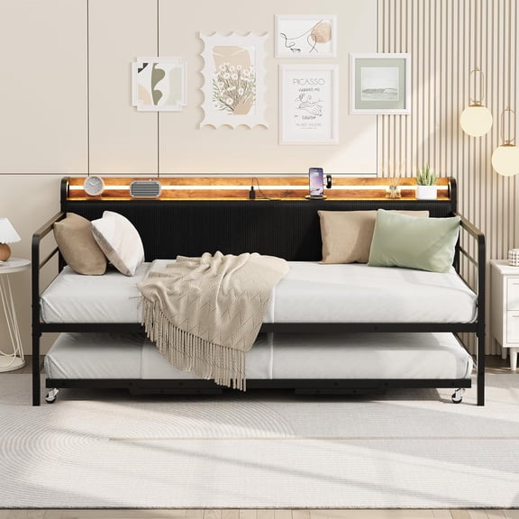 Daybed with Trundle and LED Light, Sturdy Metal Twin Size Bed Frame with Corduroy Upholstered Headboard and Charging Station, for Living Room, Bedroom and Guest Room, Black