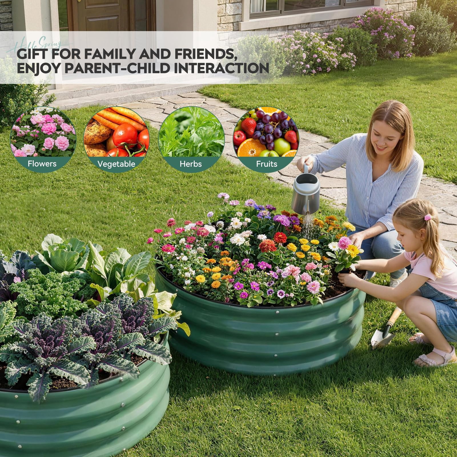 Galvanized Raised Garden Bed Outdoor, Round Metal Planter Boxes 2 Pcs, 3x3x1.4ft Steel Raised Bed Kit for Planting Vegetables, Fruits, Flowers(LotusGreen)