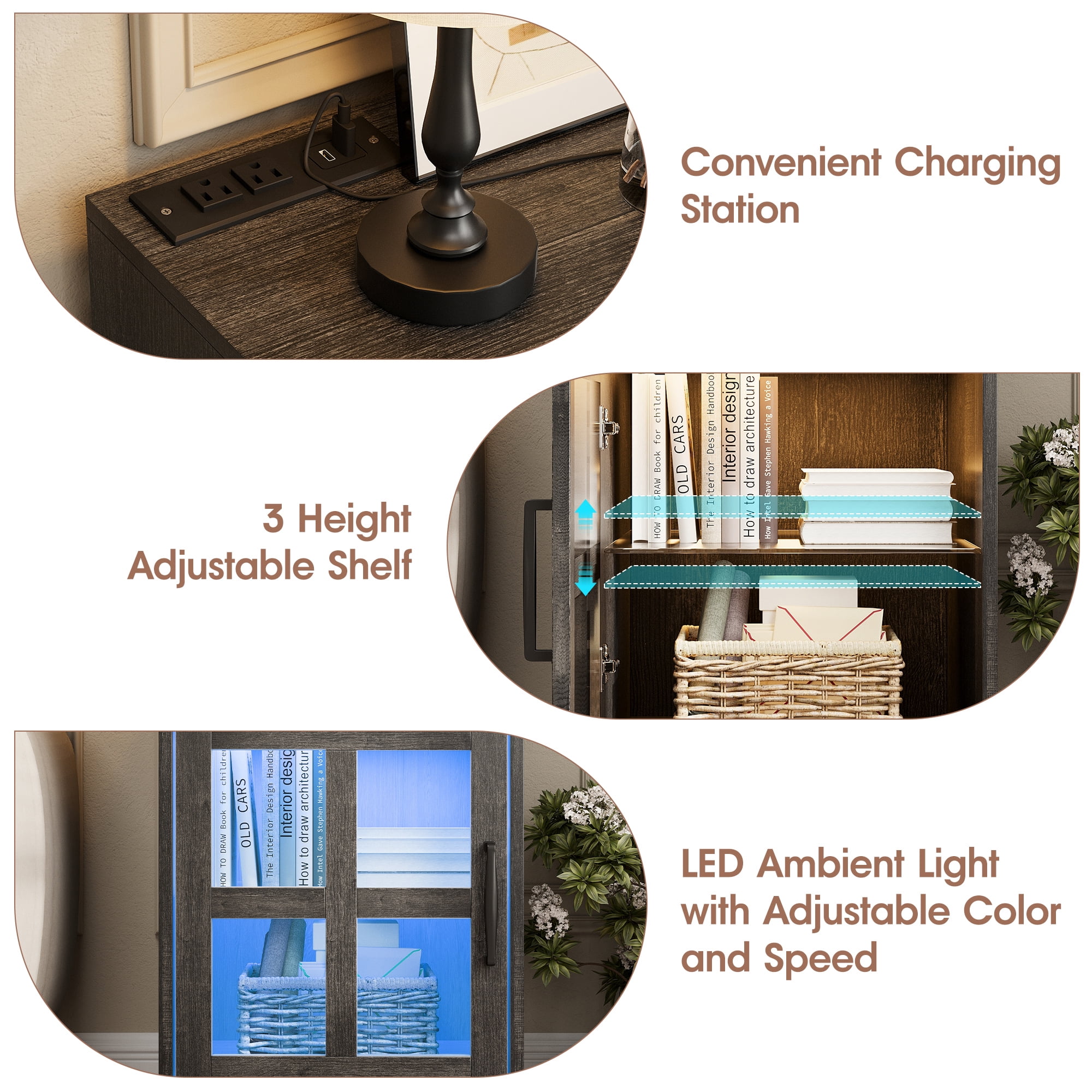 VEANERWOOD End Tables for Living Room with Charging Station & LED Light, Nightstand for Bedroom with Glass Door and Adjustable Shelf, Black