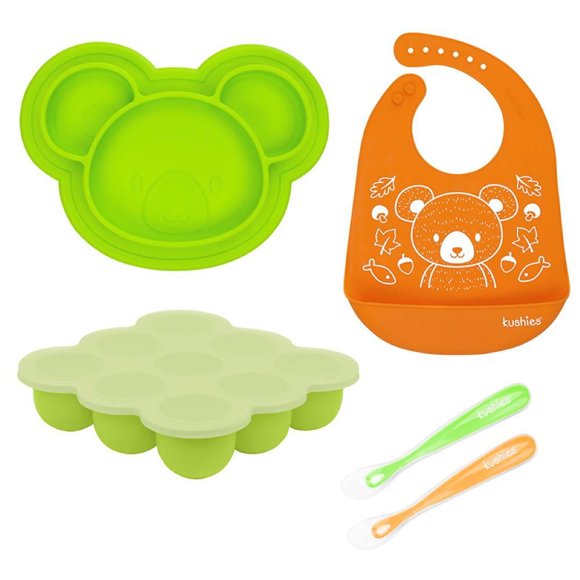 Kushies Ensemble de Repas en Silicone 100 % – Va au Lave-Vaisselle et au Micro-Ondes - Neutre - 6 Mois +