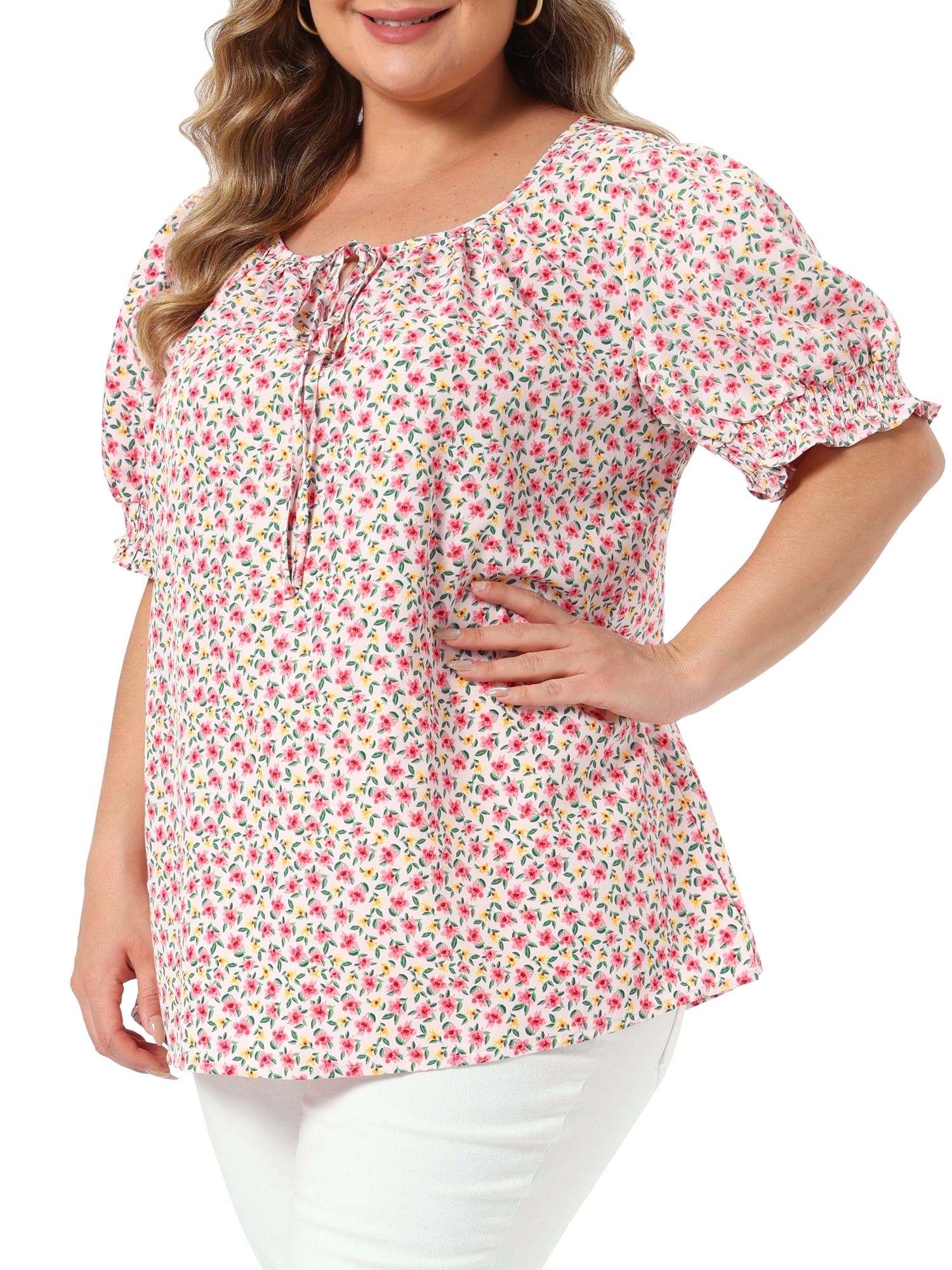 DARING DIVA Women's Plus Tops Scoop Neck Notch V Tie Front  Floral Summer Blouses 4X Pink