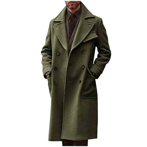 Mrmaere Men's Long Peacoat Double-Breasted Wide-Lapel Warm Stylish Outerwear for Daily & Formal Army Green L