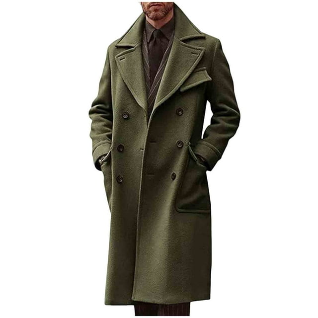 Lovzfmll Men's Wool Blend Overcoat Double Breasted Notched Lapel with Pockets Army Green, M