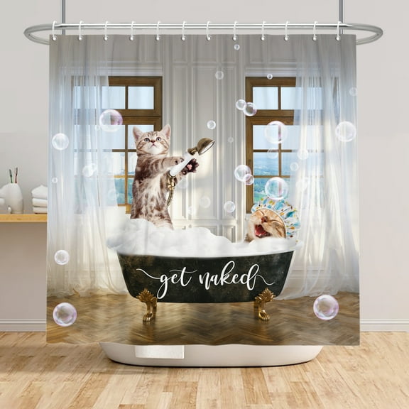 SUNOLIFE Cute Cat Shower Curtain for Kids Bathroom,Get Naked Fabric Bathroom Curtain 72x72 in