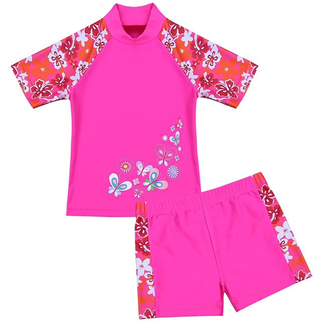 Kids Girls Two Pieces Short Sleeve Rash Guard Tankini Swimsuit Swimwear Sun Protection Wetsuit UPF 50+ Sunsuit
